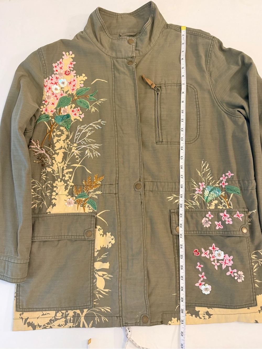 Anthropologie Olive Green Embroidered Beaded  Floral Utility Shacket Size XL - Picture 12 of 15